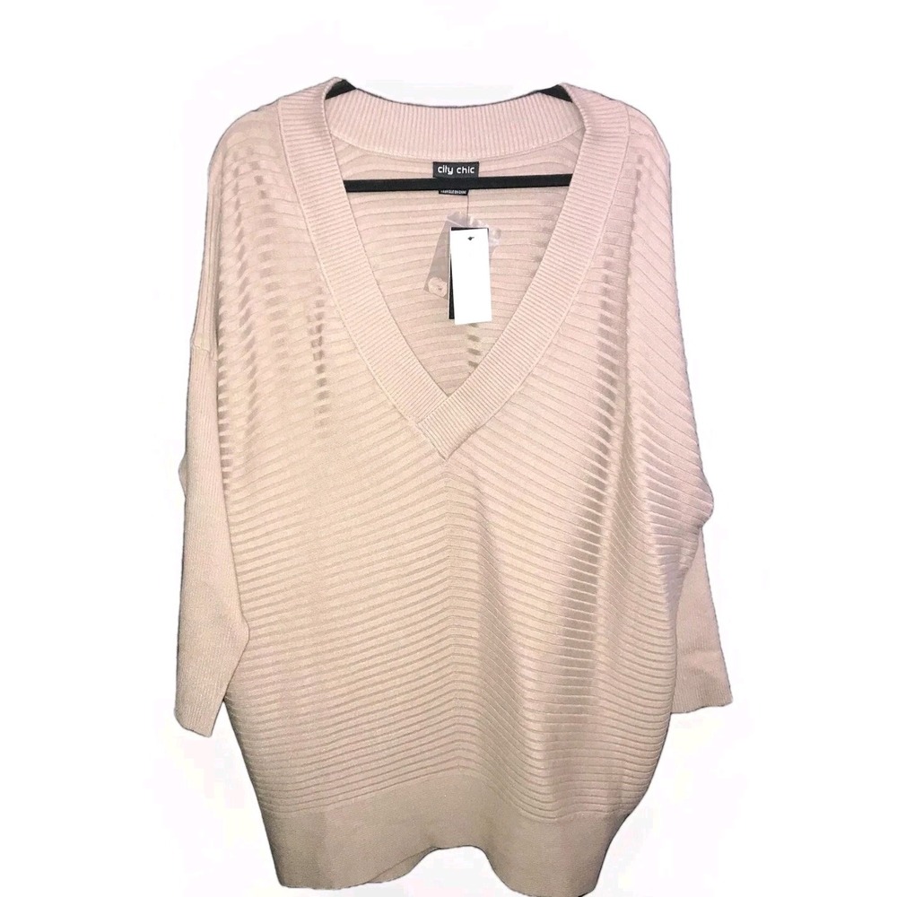 City Chic Women's Jumper Ribbed  V-Neck Sweater Shirt Taupe‎ Brown Medium Tunic